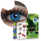 Combo Halloween Azul Vampiro: pupilentes de fantasía, estuche, solución limpiadora y tatuajes temporales