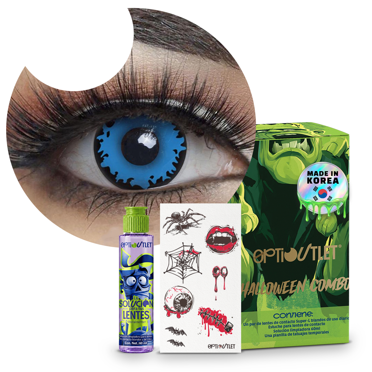 Combo Halloween Azul Vampiro: pupilentes de fantasía, estuche, solución limpiadora y tatuajes temporales
