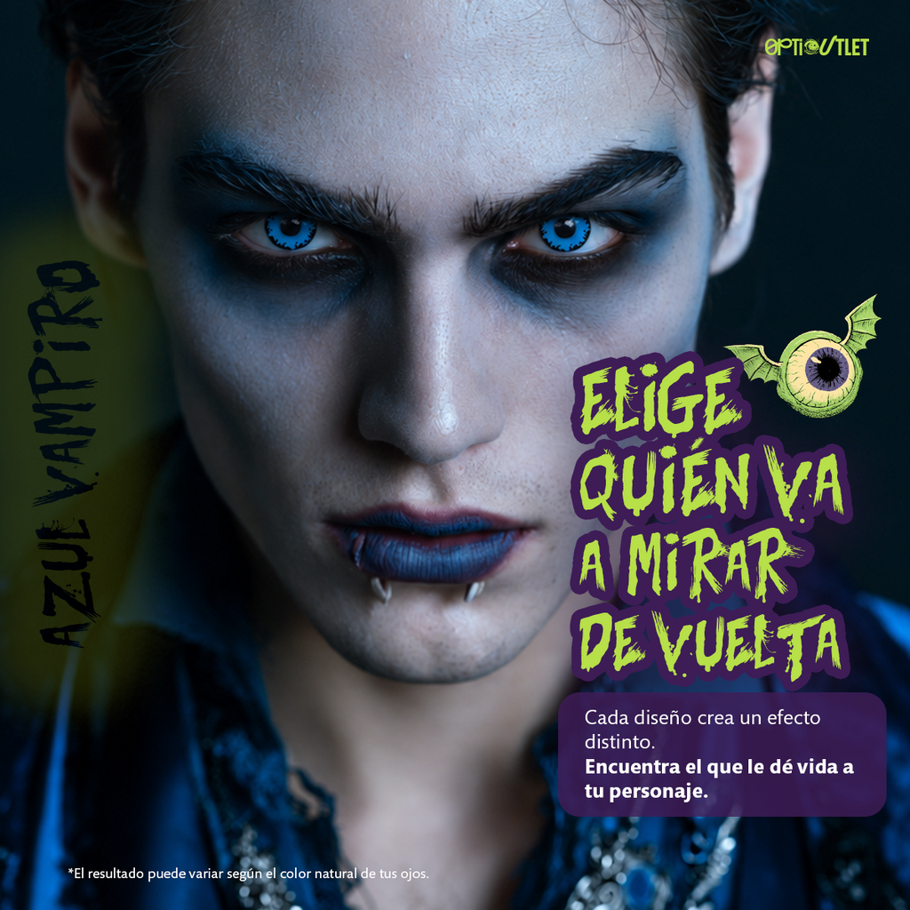 Modelo caracterizado con los pupilentes de fantasía Azul Vampiro