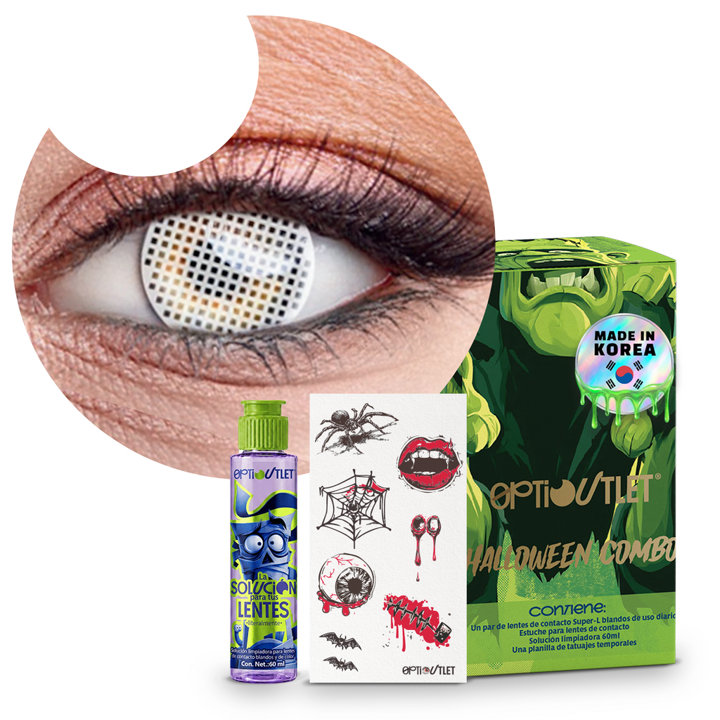 Combo Halloween Blanco Ciego: pupilentes de fantasía, estuche, solución limpiadora y tatuajes temporales