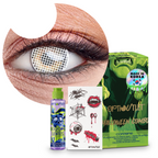 Combo Halloween Blanco Ciego: pupilentes de fantasía, estuche, solución limpiadora y tatuajes temporales