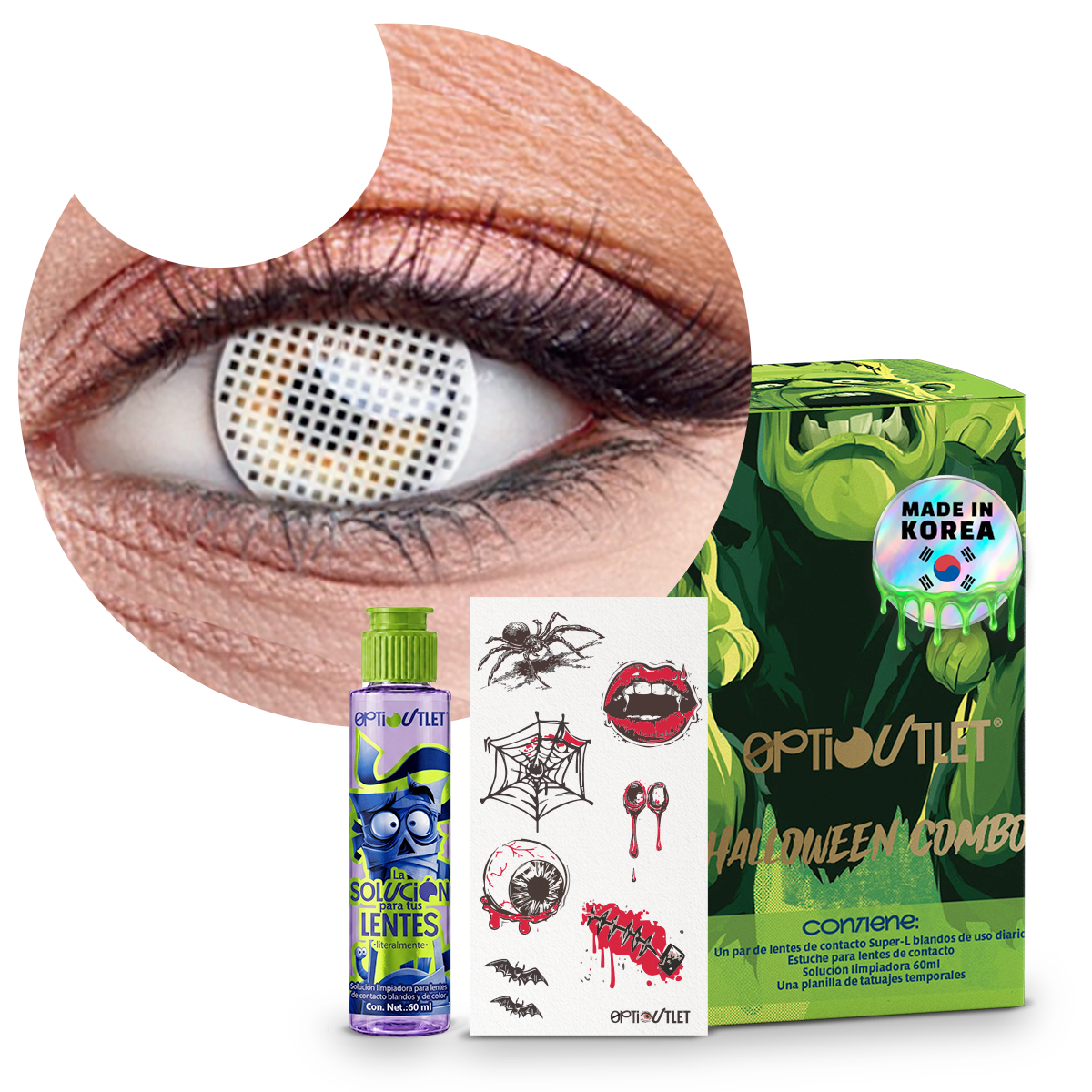 Combo Halloween Blanco Ciego: pupilentes de fantasía, estuche, solución limpiadora y tatuajes temporales