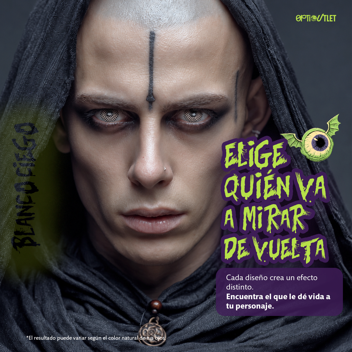 Modelo caracterizado con los pupilentes de fantasía Blanco Ciego