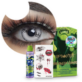Combo Halloween Blanco Costura: pupilentes de fantasía, estuche, solución limpiadora y tatuajes temporales