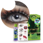 Combo Halloween Blanco Costura: pupilentes de fantasía, estuche, solución limpiadora y tatuajes temporales