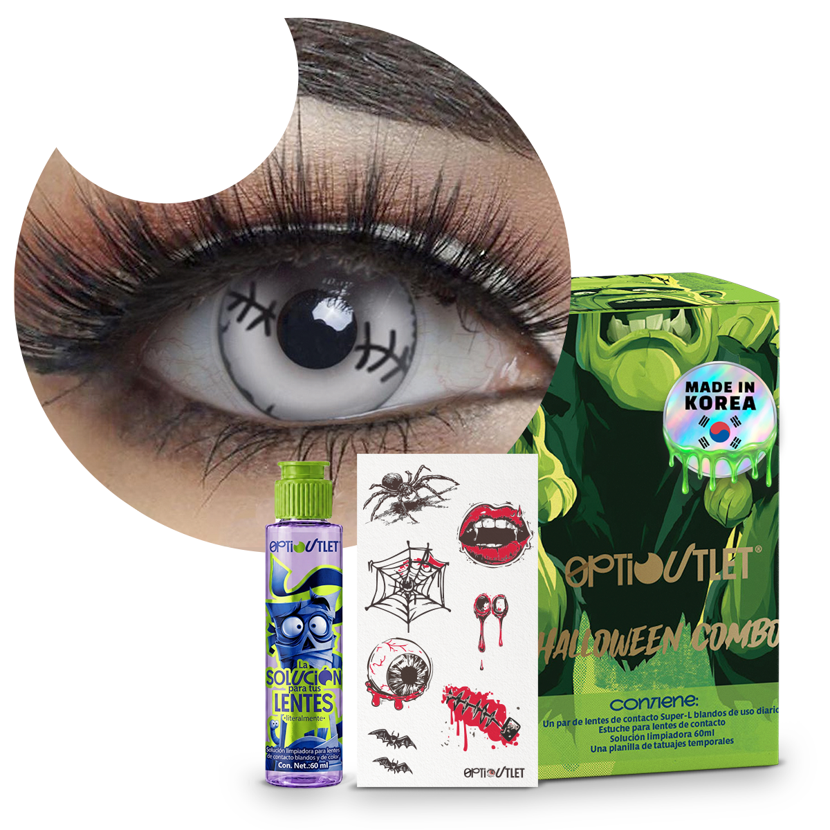 Combo Halloween Blanco Costura: pupilentes de fantasía, estuche, solución limpiadora y tatuajes temporales