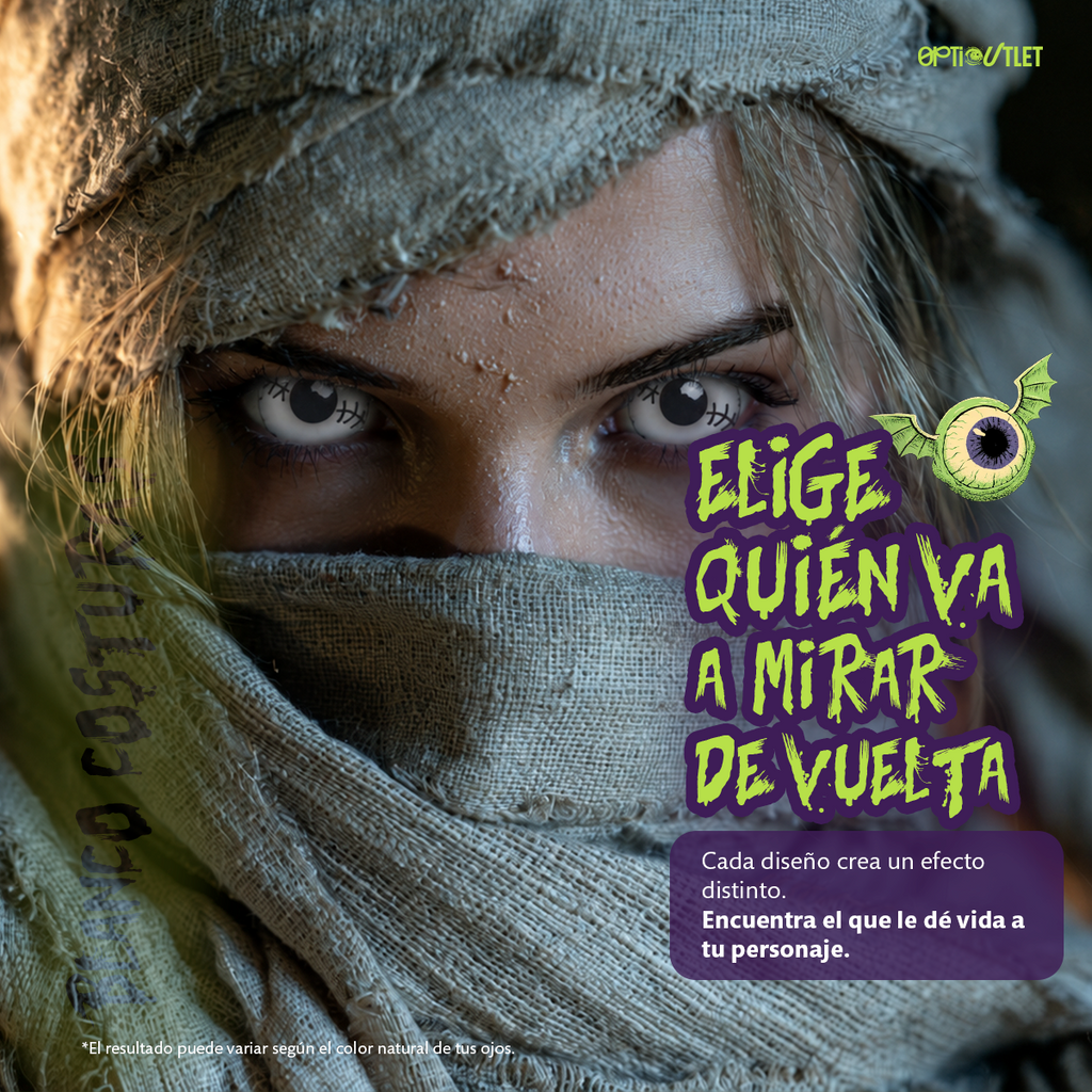 Modelo caracterizado con los pupilentes de fantasía Blanco Costura