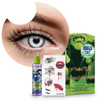 Combo Halloween Blanco Eclipse: pupilentes de fantasía, estuche, solución limpiadora y tatuajes temporales