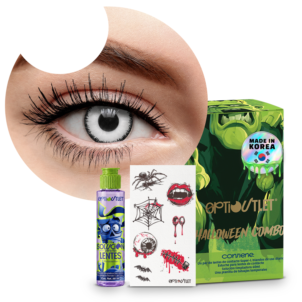 Combo Halloween Blanco Eclipse: pupilentes de fantasía, estuche, solución limpiadora y tatuajes temporales