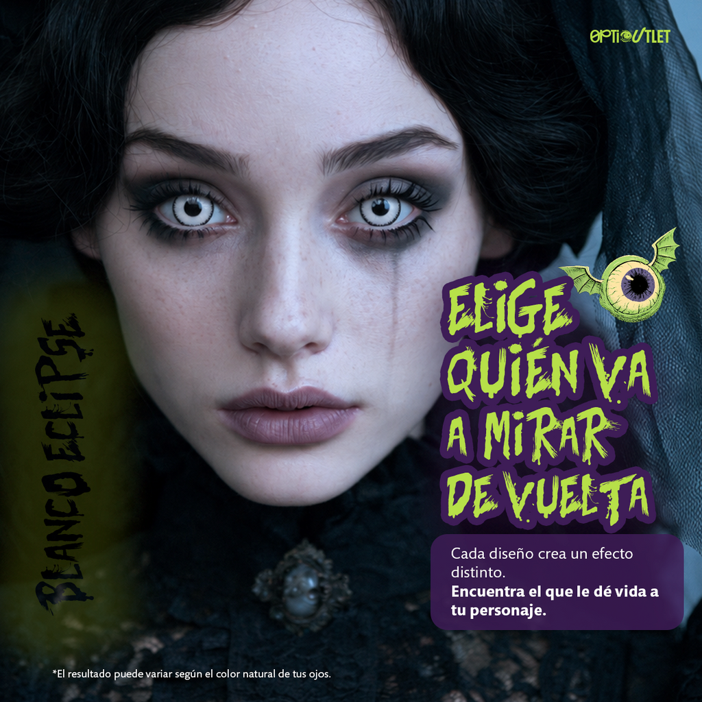 Modelo caracterizado con los pupilentes de fantasía Blanco Eclipse