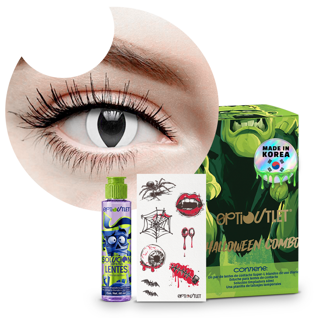 Combo Halloween Blanco Gato: pupilentes de fantasía, estuche, solución limpiadora y tatuajes temporales