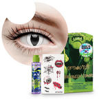 Combo Halloween Blanco Gato: pupilentes de fantasía, estuche, solución limpiadora y tatuajes temporales