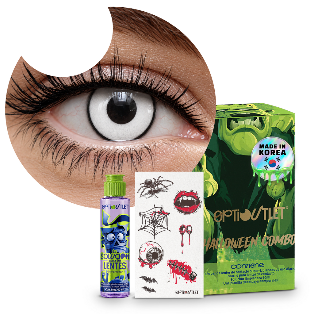 Combo Halloween Blanco Manson: pupilentes de fantasía, estuche, solución limpiadora y tatuajes temporales