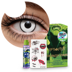 Combo Halloween Blanco Manson: pupilentes de fantasía, estuche, solución limpiadora y tatuajes temporales