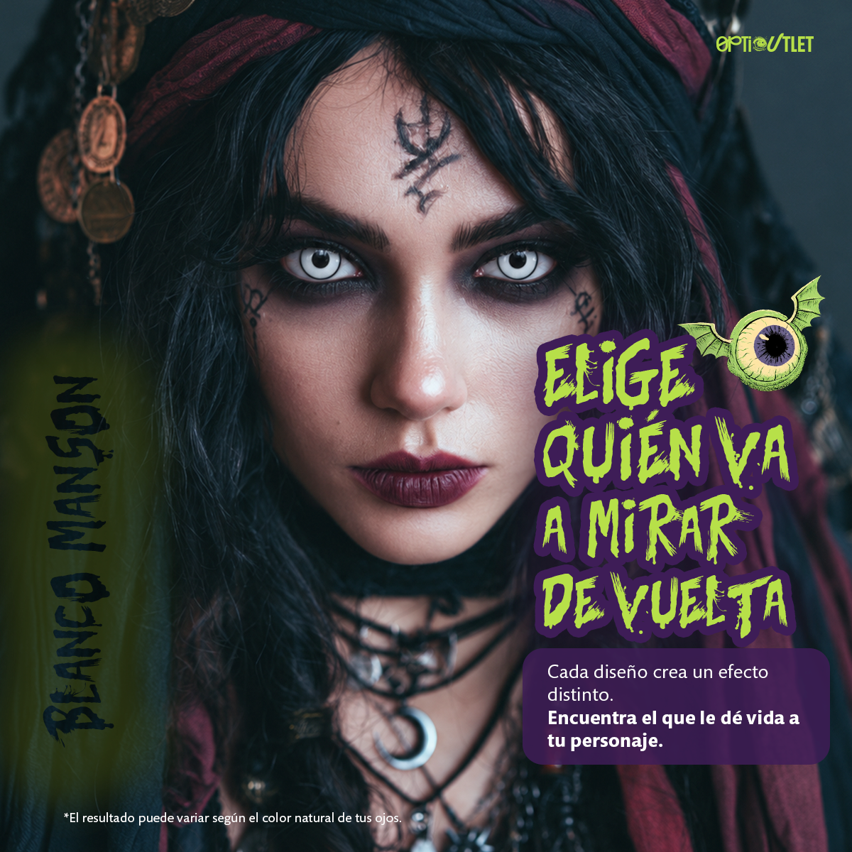 Modelo caracterizado con los pupilentes de fantasía Blanco Manson
