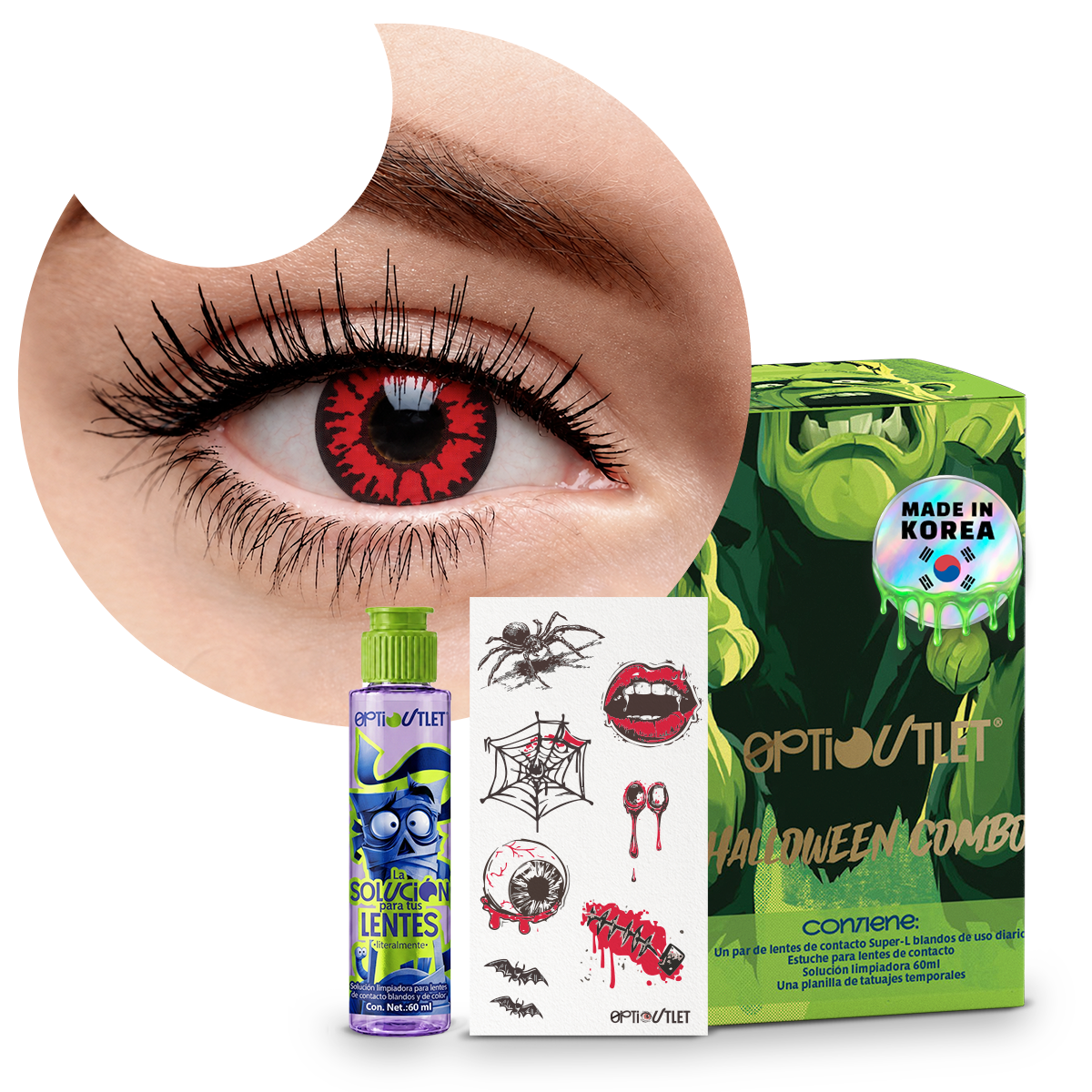 Combo Halloween Demonio Carmesí: pupilentes de fantasía, estuche, solución limpiadora y tatuajes temporales