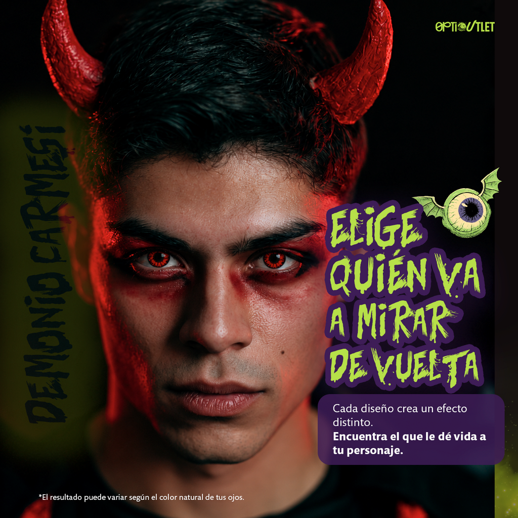 Modelo caracterizado con los pupilentes de fantasía Demonio Carmesí