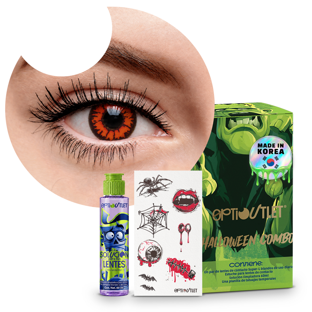 Combo Halloween Demonio Otoño: pupilentes de fantasía, estuche, solución limpiadora y tatuajes temporales