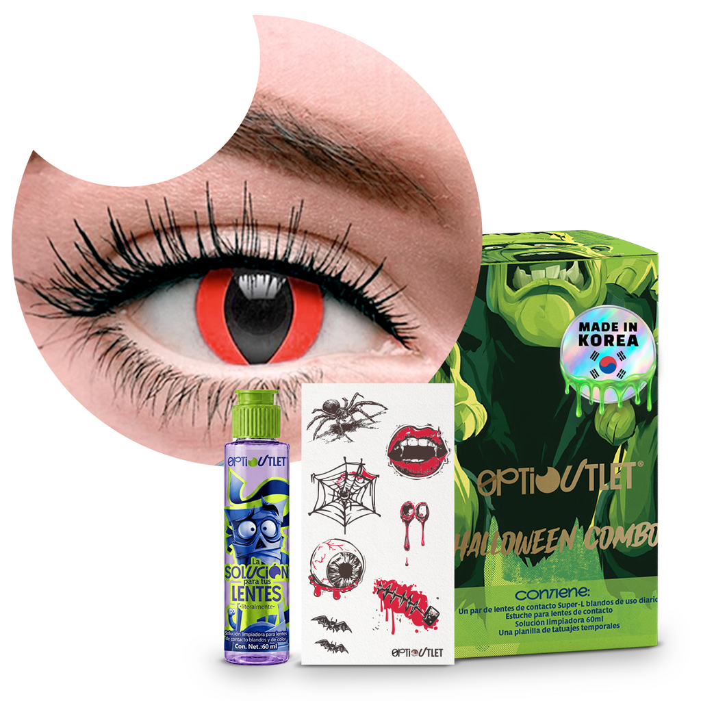 Combo Halloween Gato Rojo: pupilentes de fantasía, estuche, solución limpiadora y tatuajes temporales