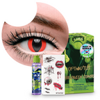 Combo Halloween Gato Rojo: pupilentes de fantasía, estuche, solución limpiadora y tatuajes temporales