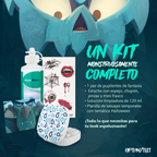 Contenido del kit Gris Megan: pupilentes, estuche con espejo, solución de 120 ml y tatuajes temporales