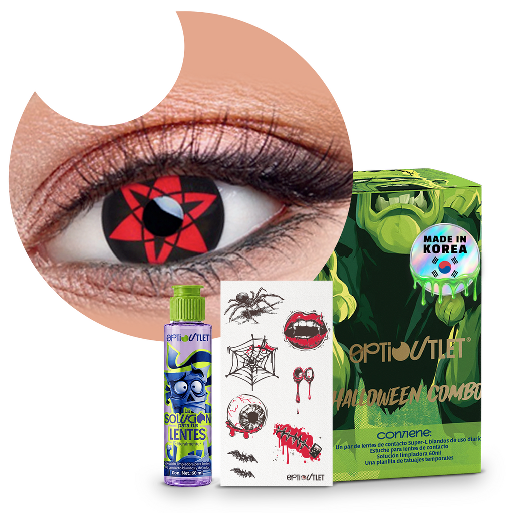 Combo Halloween Hexa Rojo: pupilentes de fantasía, estuche, solución limpiadora y tatuajes temporales