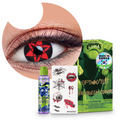 Combo Halloween Hexa Rojo: pupilentes de fantasía, estuche, solución limpiadora y tatuajes temporales