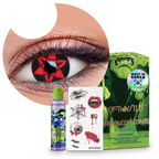Combo Halloween Hexa Rojo: pupilentes de fantasía, estuche, solución limpiadora y tatuajes temporales