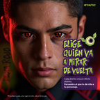 Modelo caracterizado con los pupilentes de fantasía Hexa Rojo
