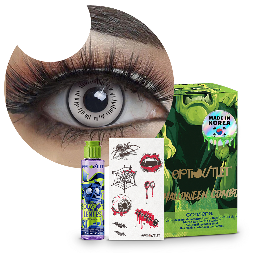 Combo Halloween Hinata Byakugan: pupilentes de fantasía, estuche, solución limpiadora y tatuajes temporales