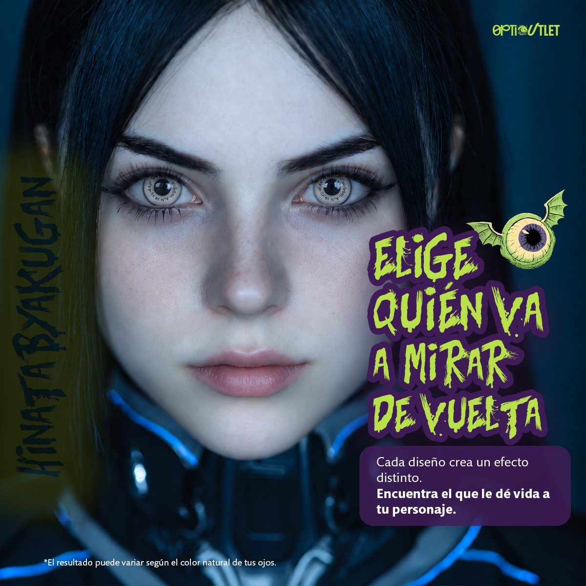 Modelo caracterizado con los pupilentes de fantasía Hinata Byakugan