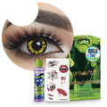 Combo Halloween Hombre Lobo: pupilentes de fantasía, estuche, solución limpiadora y tatuajes temporales