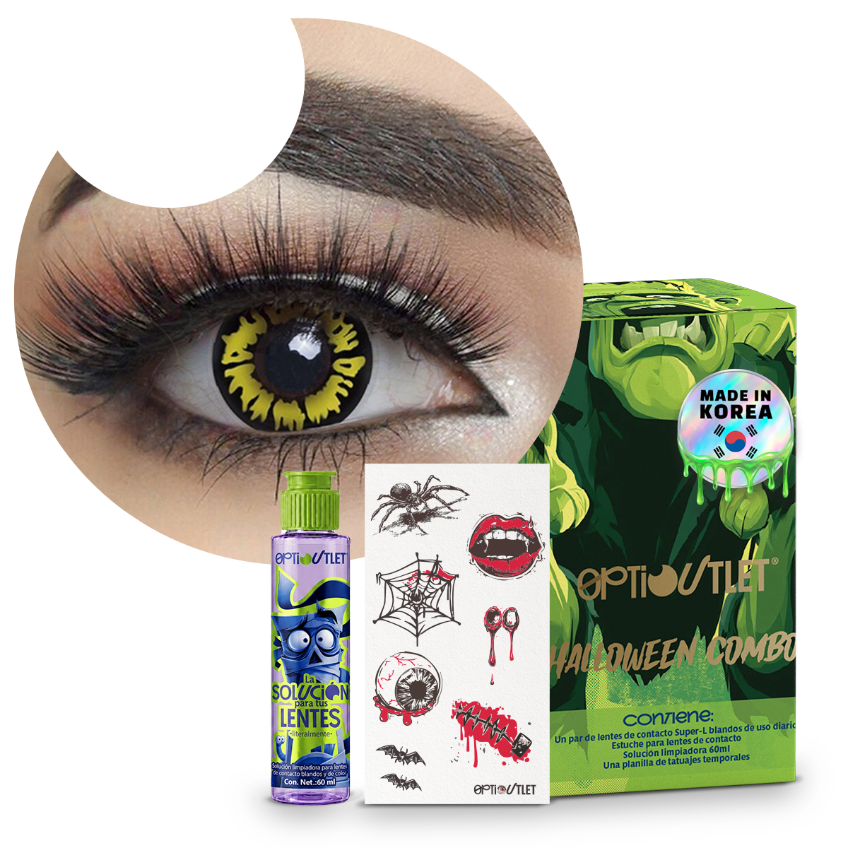 Combo Halloween Hombre Lobo: pupilentes de fantasía, estuche, solución limpiadora y tatuajes temporales