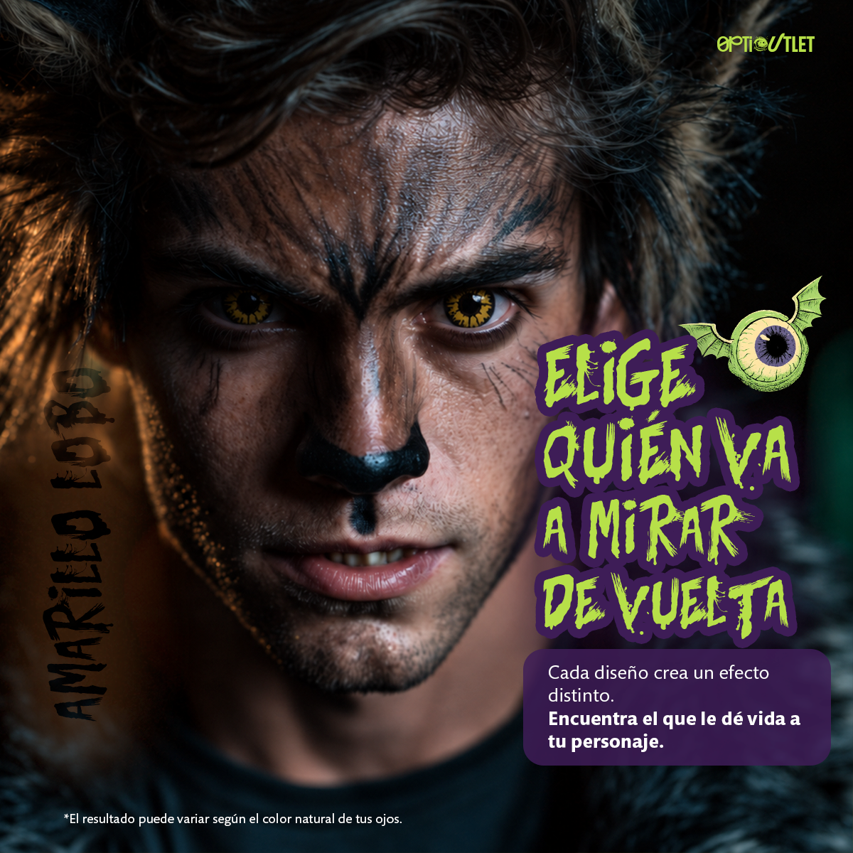 Modelo caracterizado con los pupilentes de fantasía Hombre Lobo