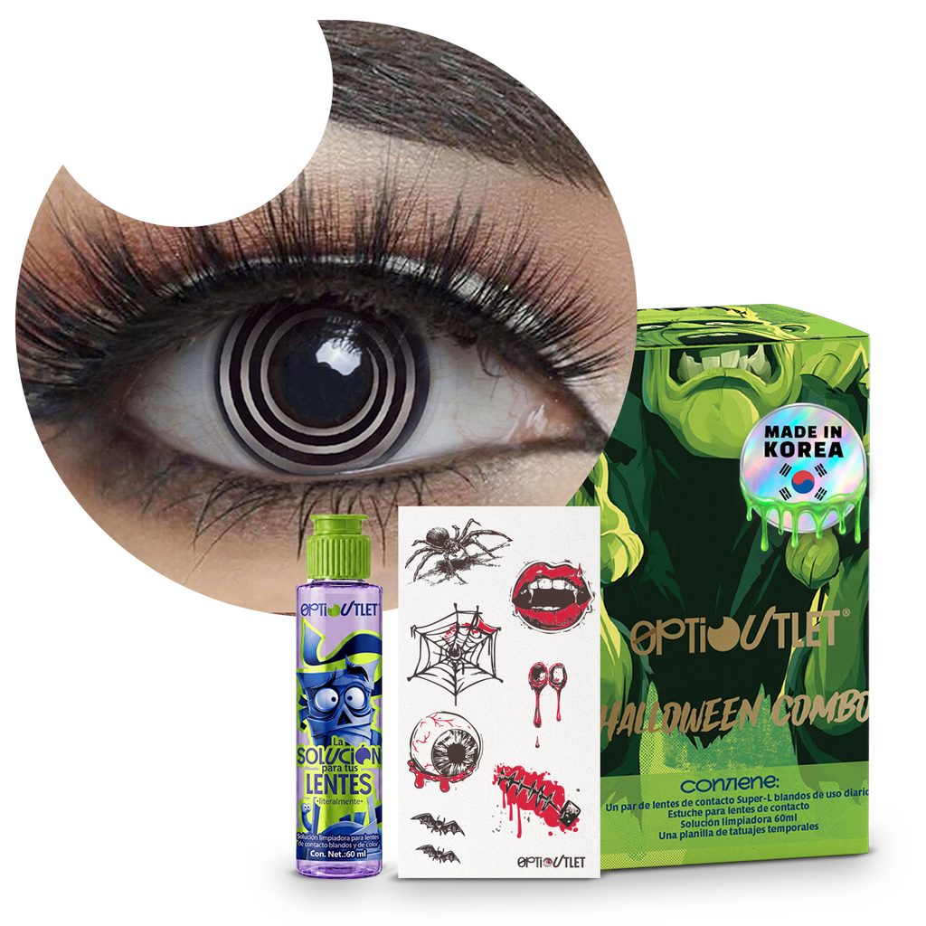 Combo Halloween Negro Espiral: pupilentes de fantasía, estuche, solución limpiadora y tatuajes temporales