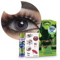 Combo Halloween Negro Espiral: pupilentes de fantasía, estuche, solución limpiadora y tatuajes temporales
