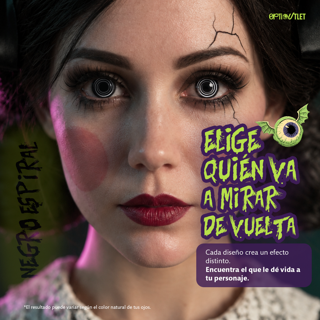 Modelo caracterizado con los pupilentes de fantasía Negro Espiral