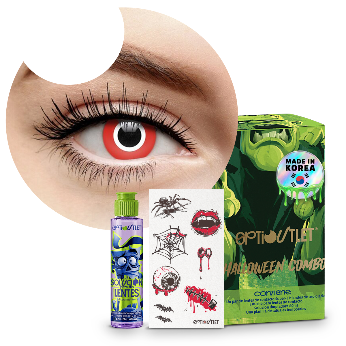 Combo Halloween Rojo Asesino: pupilentes de fantasía, estuche, solución limpiadora y tatuajes temporales