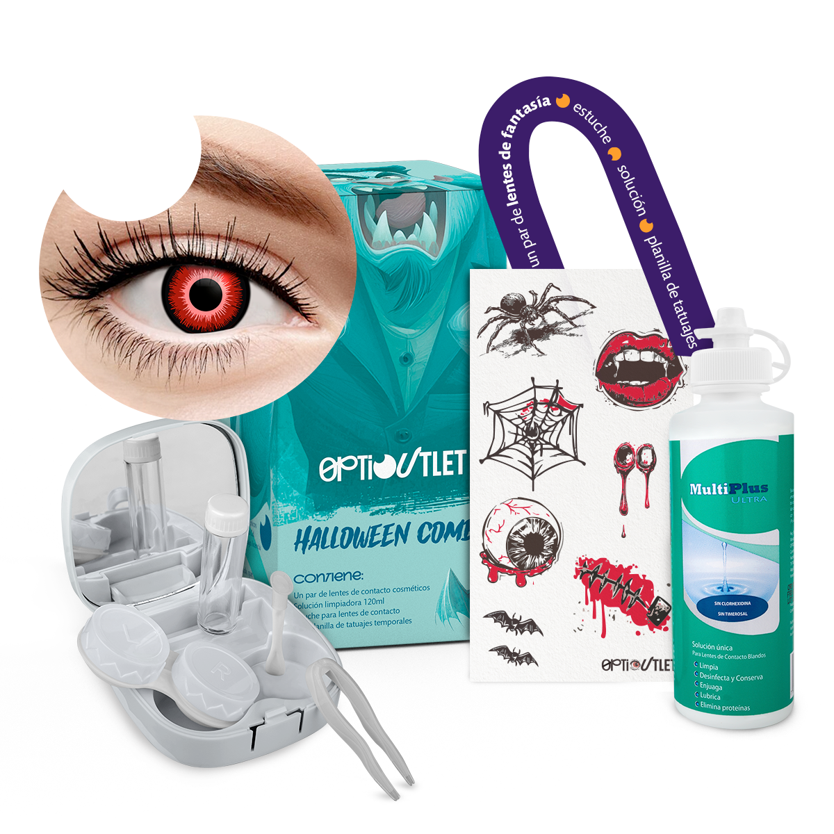 Combo Halloween Rojo Crepúsculo: pupilentes, estuche, solución y tatuajes temporales