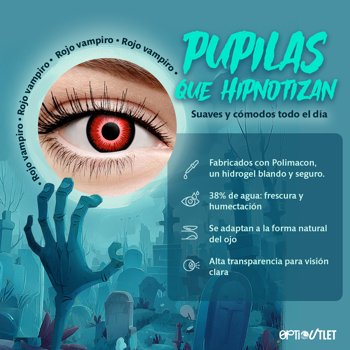 Ficha técnica de los pupilentes Rojo Crepúsculo: Polimacon, 38% de agua