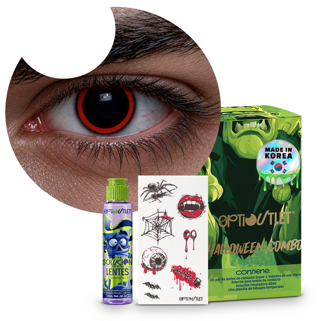 Combo Halloween Rojo Esclera: pupilentes de fantasía, estuche, solución limpiadora y tatuajes temporales