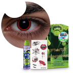 Combo Halloween Rojo Esclera: pupilentes de fantasía, estuche, solución limpiadora y tatuajes temporales