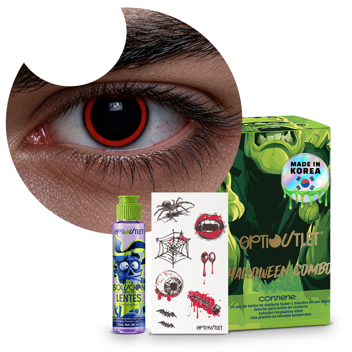 Combo Halloween Rojo Esclera: pupilentes de fantasía, estuche, solución limpiadora y tatuajes temporales