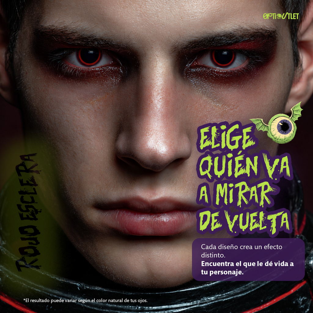 Modelo caracterizado con los pupilentes de fantasía Rojo Esclera