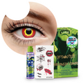 Combo Halloween Rojo Fuego: pupilentes de fantasía, estuche, solución limpiadora y tatuajes temporales