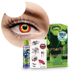 Combo Halloween Rojo Fuego: pupilentes de fantasía, estuche, solución limpiadora y tatuajes temporales