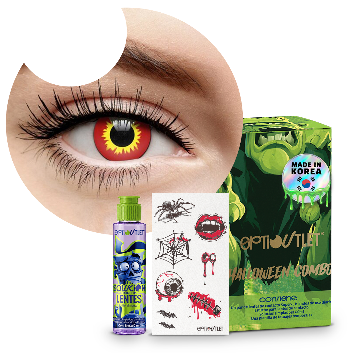 Combo Halloween Rojo Fuego: pupilentes de fantasía, estuche, solución limpiadora y tatuajes temporales