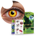 Combo Halloween Rojo Llamarada: pupilentes de fantasía, estuche, solución limpiadora y tatuajes temporales