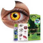 Combo Halloween Rojo Llamarada: pupilentes de fantasía, estuche, solución limpiadora y tatuajes temporales