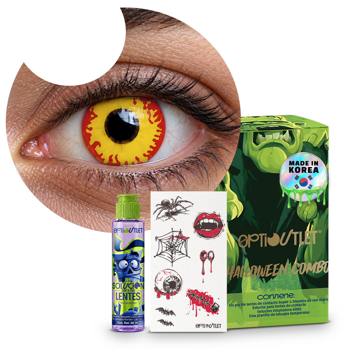 Combo Halloween Rojo Llamarada: pupilentes de fantasía, estuche, solución limpiadora y tatuajes temporales